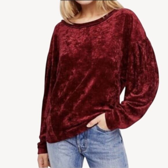 Free People Burgundy Velvet Dolman Sleeve Relaxed Fit Slouchy Top - Picture 2 of 8